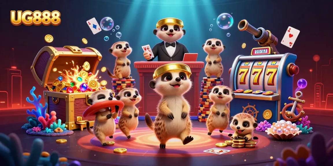 Experience thrilling casino action with UG888 as meerkats run a vibrant gaming operation.