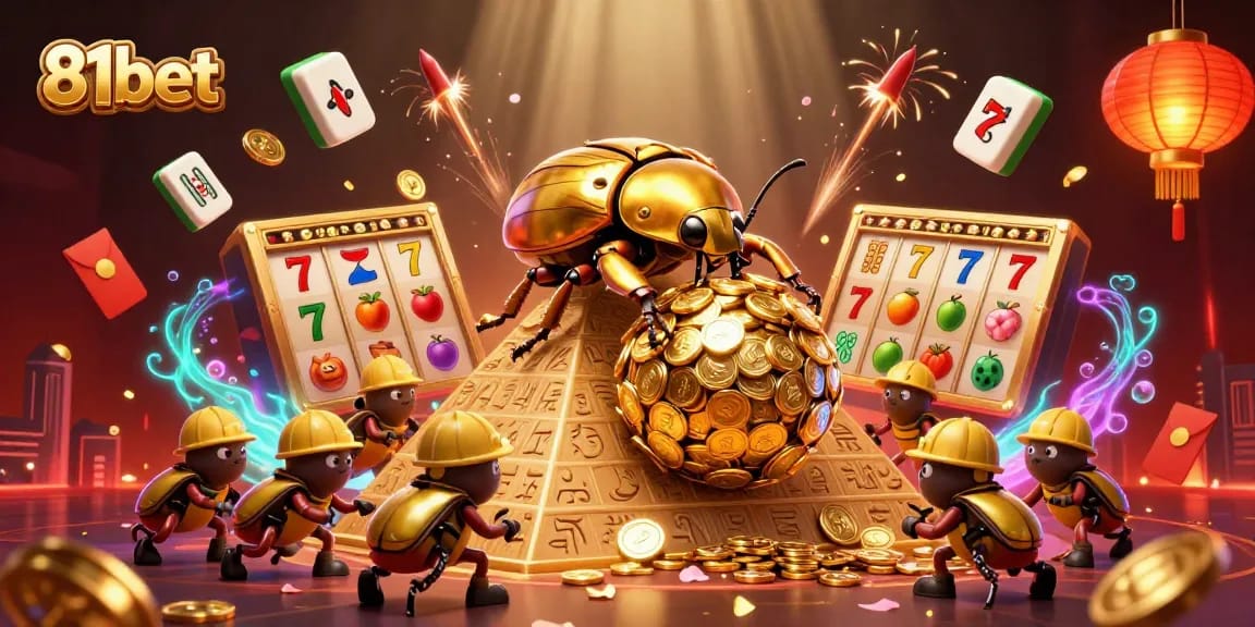 Engage with 81bet's exciting casino world through a vibrant 3D illustration of beetles and coins.