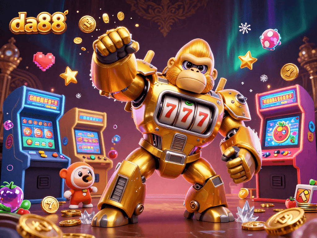 Immerse in the da88 gaming world with explosive golden gorilla mech and vibrant slot elements.