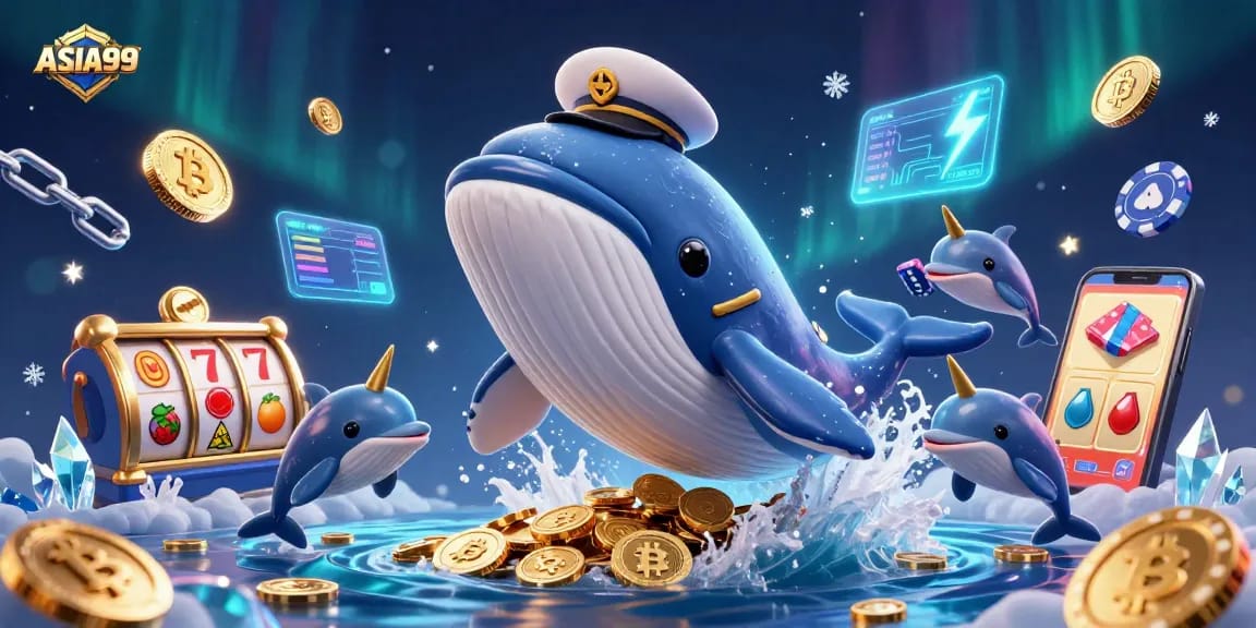 Join the exciting adventures at ASIA99 with a vibrant casino illustration including a cartoon whale, narwhal, and dolphins.