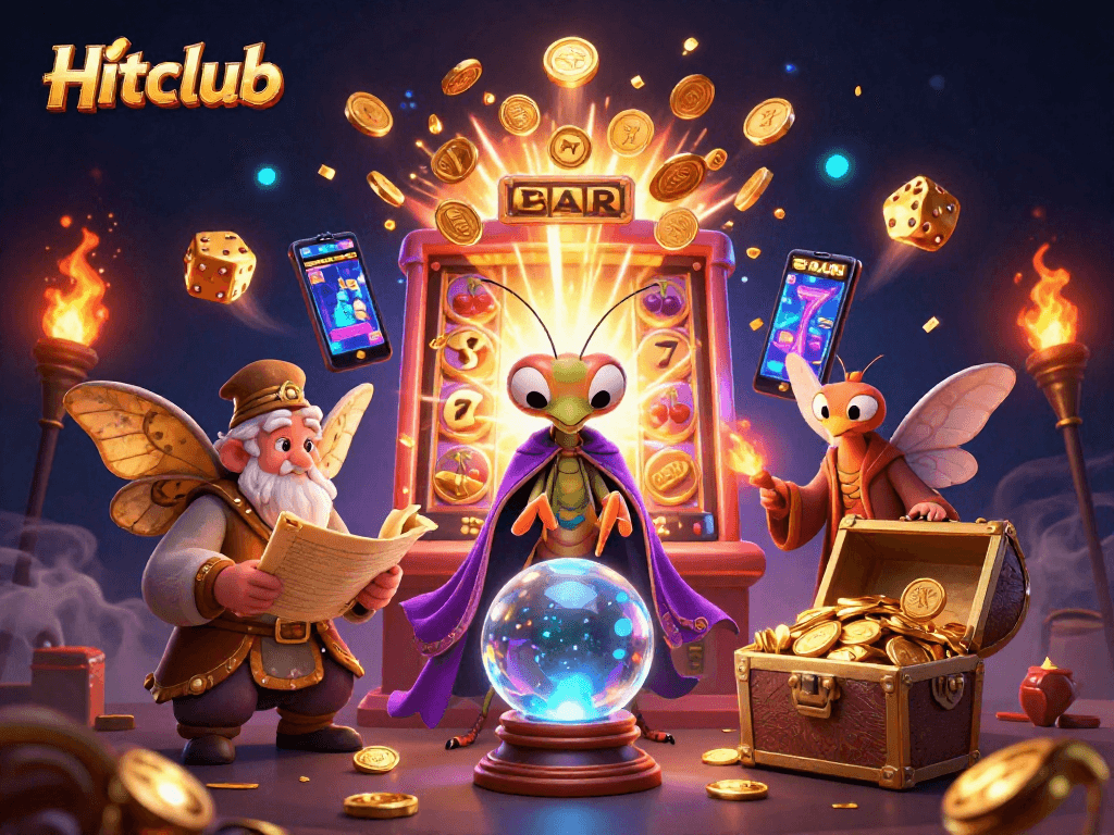 Experience the thrill of Hitclub with a vibrant casino illustration featuring a fortune teller and magical elements.