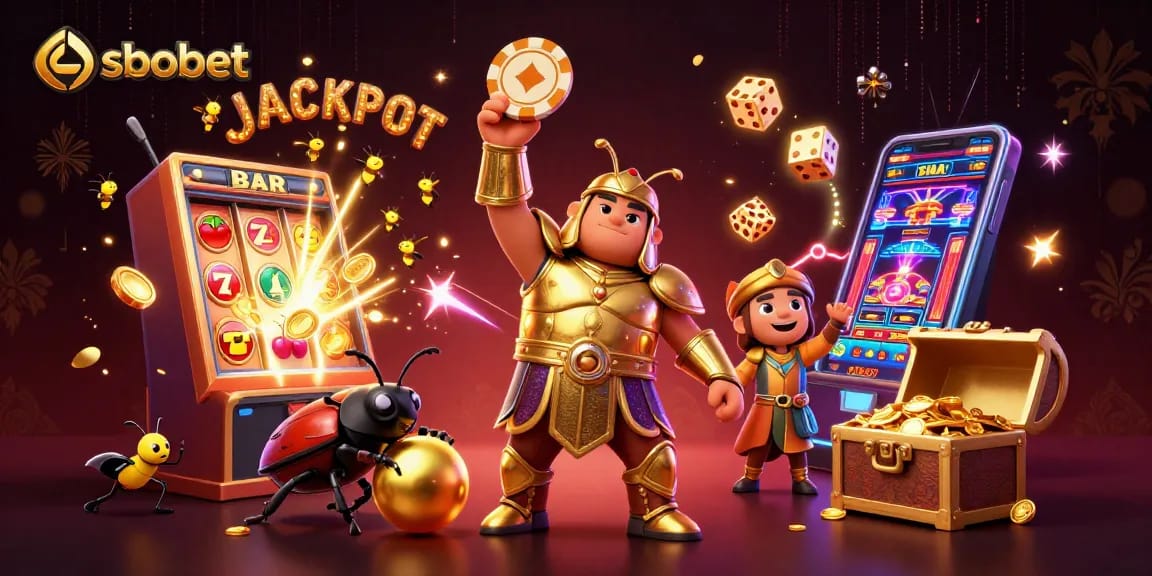 Engage with sbobet's vibrant gaming experience as the hercules beetle triumphantly lifts a poker chip, showcasing jackpot excitement.