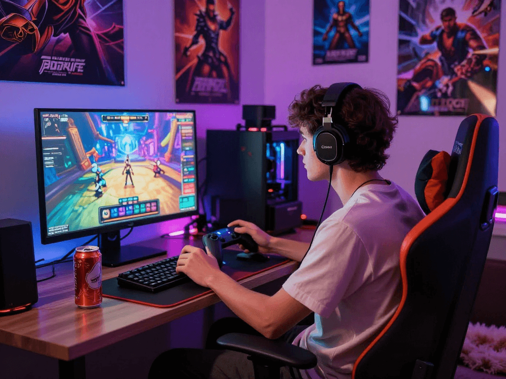 Engaging scene of a gamer playing immersive porn games in a colorful gaming room.