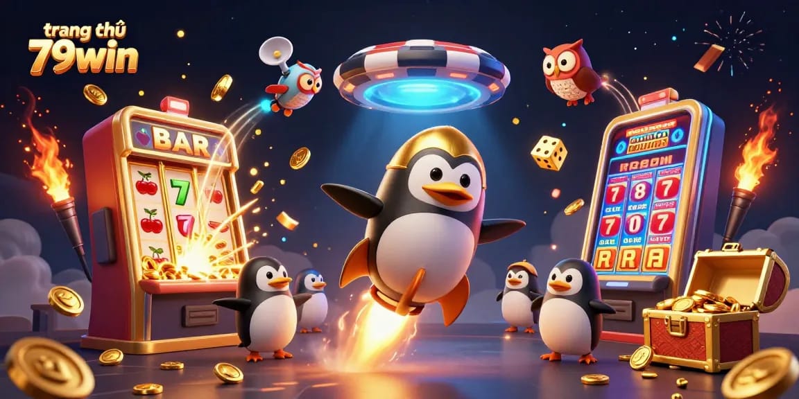 Play exciting games at trang chủ 79win, featuring a penguin and casino visuals in a dynamic 3D scene.