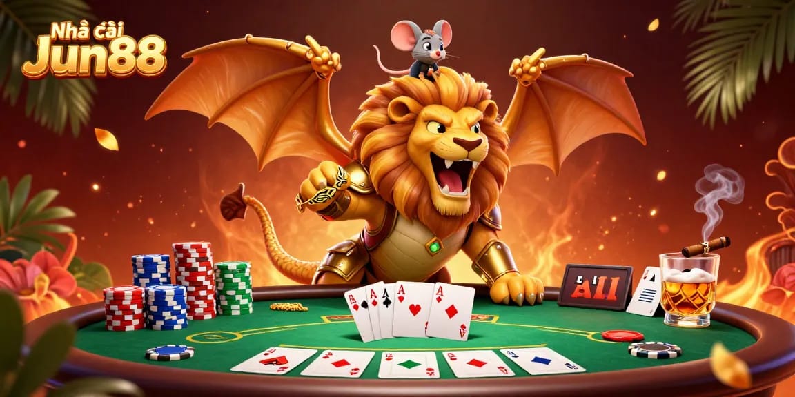 Experience the thrilling action at Nhà cái Jun88 with a dynamic 3D casino scene featuring a roaring chimera and poker elements.