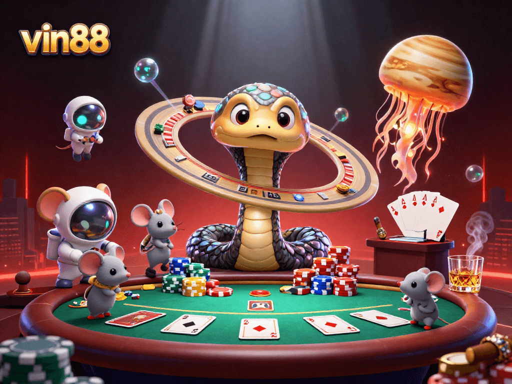 Experience the excitement of vin88 gaming as astronaut mice bet on the cosmic roulette wheel, featuring vibrant casino elements.