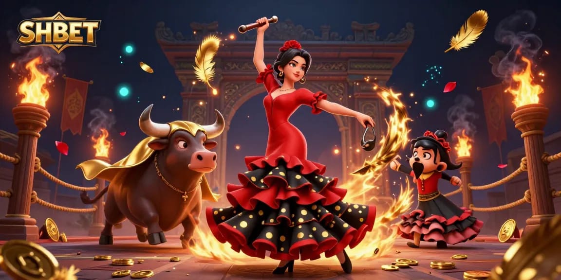 Experience thrilling gameplay at SHBET featuring a vibrant Spanish flamenco dancer and a golden bull.