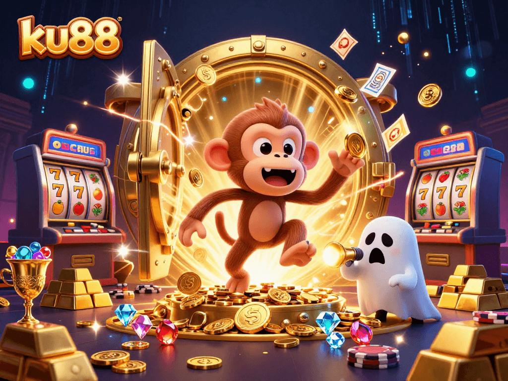 ku88 showcases a thrilling haunted casino scene with a mischievous monkey and curious puppy