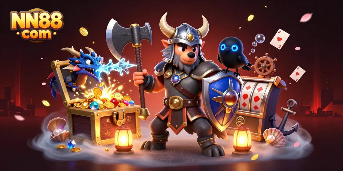 Engage with the thrilling world of NN88 com, featuring animated slot reels and adventurous characters.