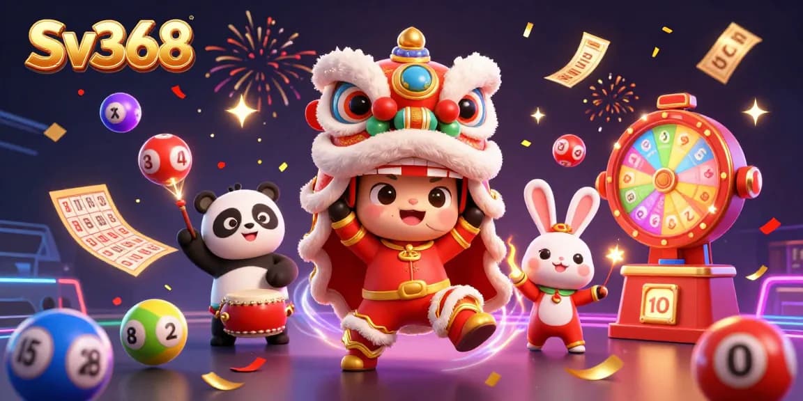 Engage with Sv368 through a vibrant celebration of online gaming featuring dancing characters and dynamic lottery elements.