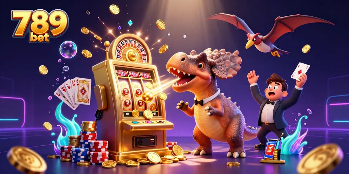 Experience the excitement of 789 bet with a thrilling scene of cartoon dinosaurs, jackpots, and casino elements.
