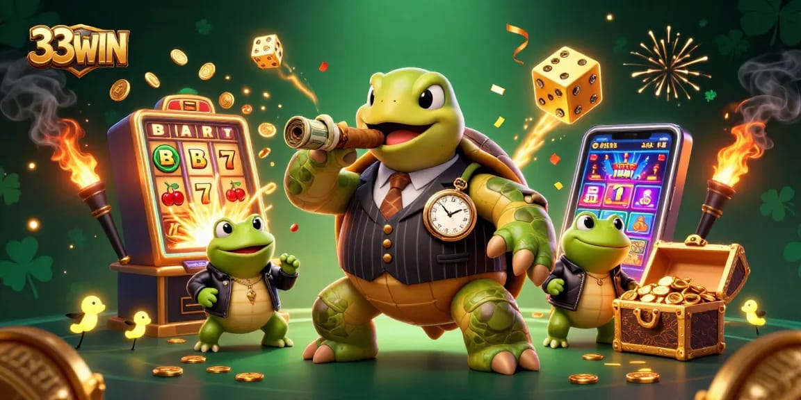 Win big at 33WIN with a lively casino-themed scene featuring lucky symbols and characters.