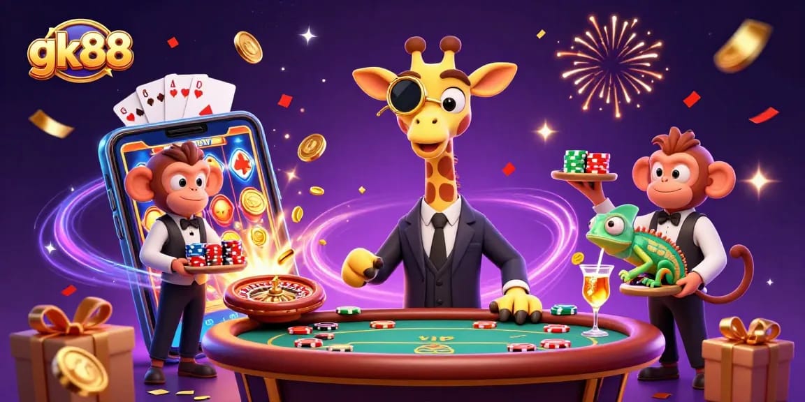 Join the excitement at gk88 with a high-roller giraffe and vibrant casino scene filled with games.