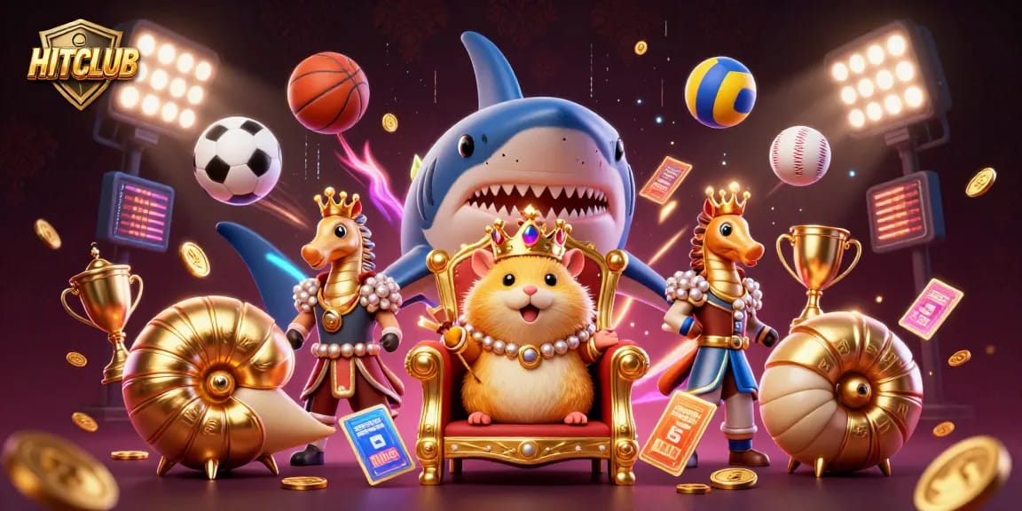 Experience big wins at HITCLUB with a vibrant 3D illustration of casino themes and characters.