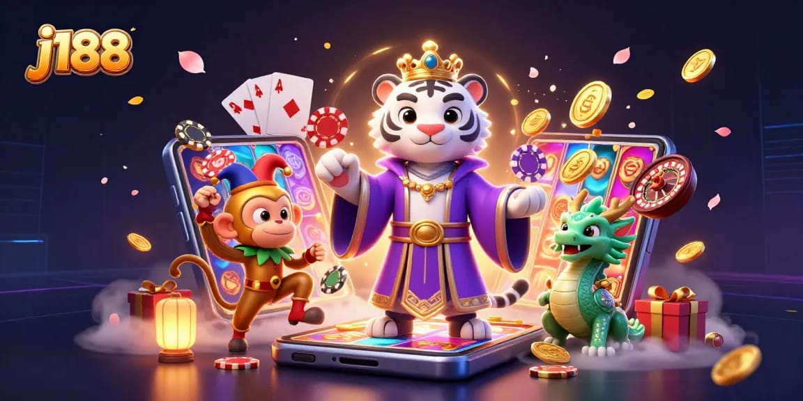 Experience thrilling gaming at j188 with a dynamic casino scene featuring lively characters and vibrant games.