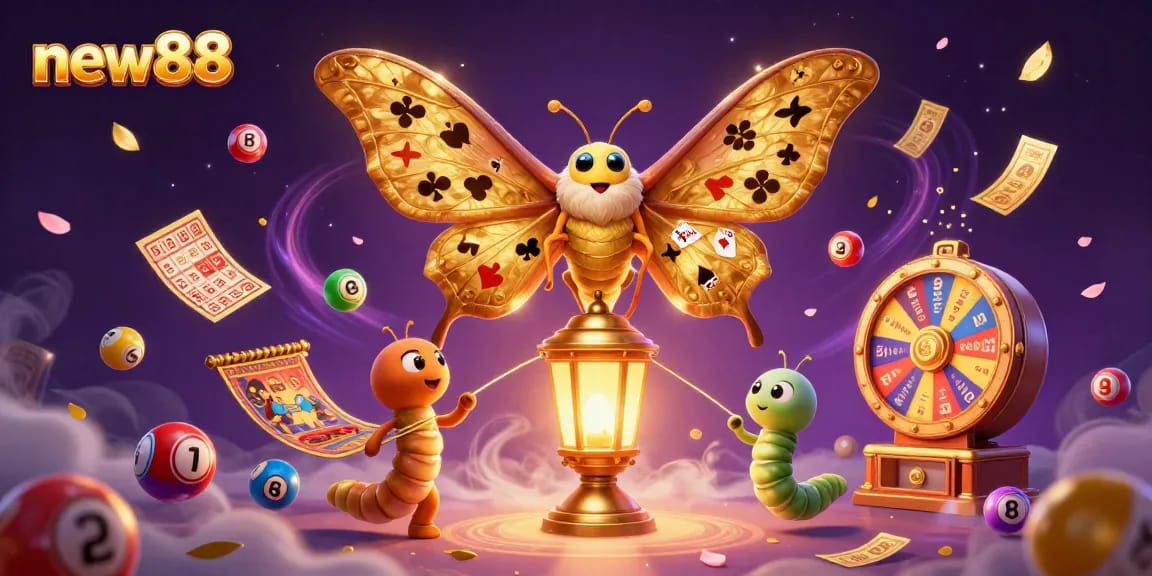 Experience the excitement of new88 with vibrant casino scenes, animated lottery elements, and a dynamic moth centerpiece.
