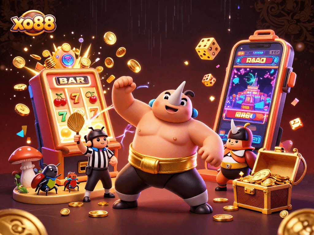 Experience the thrill of xo88 with an exciting sumo beetle stomping gold coins in a vibrant casino scene.