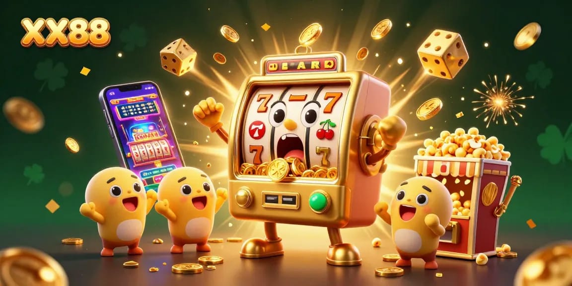 Experience big wins with XX88 as cartoon slot machines celebrate a jackpot explosion!