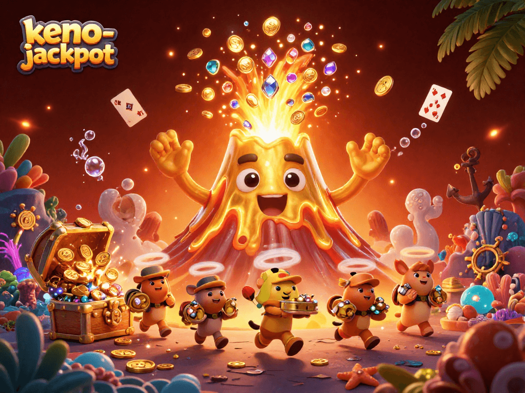 Experience the excitement of keno-jackpot as a golden volcano erupts treasures with playful animals in a vibrant casino scene.