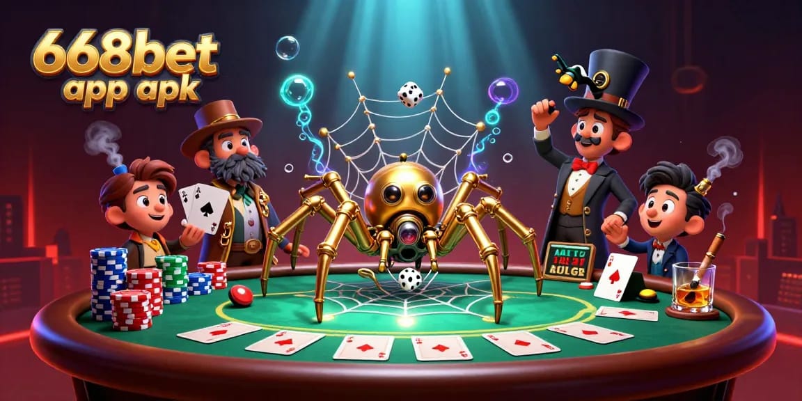 Engage with the 668bet app apk through a vibrant 3D casino scene filled with steampunk elements and poker action.