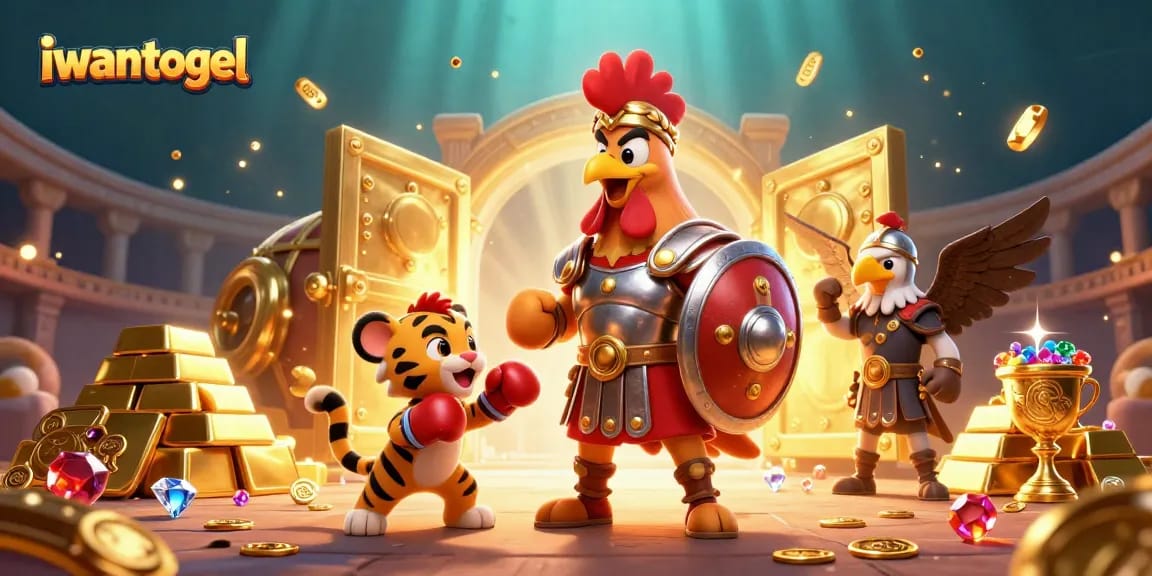 Play to win big with iwantogel, an exciting illustration featuring a gambling theme of golden treasures and festive characters.