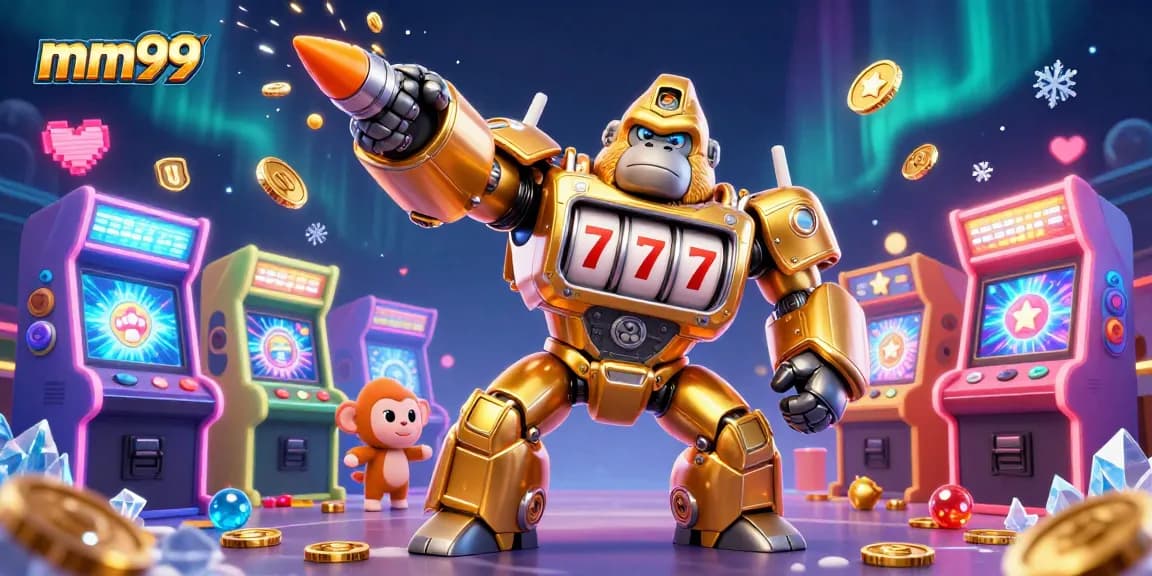 Experience exhilarating gameplay at mm99 with a transformer-style golden gorilla mech and vibrant arcade elements.