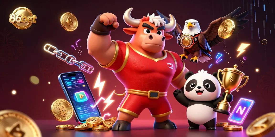 Place bets and win with the vibrant 86bet gaming illustration featuring an energetic casino scene.