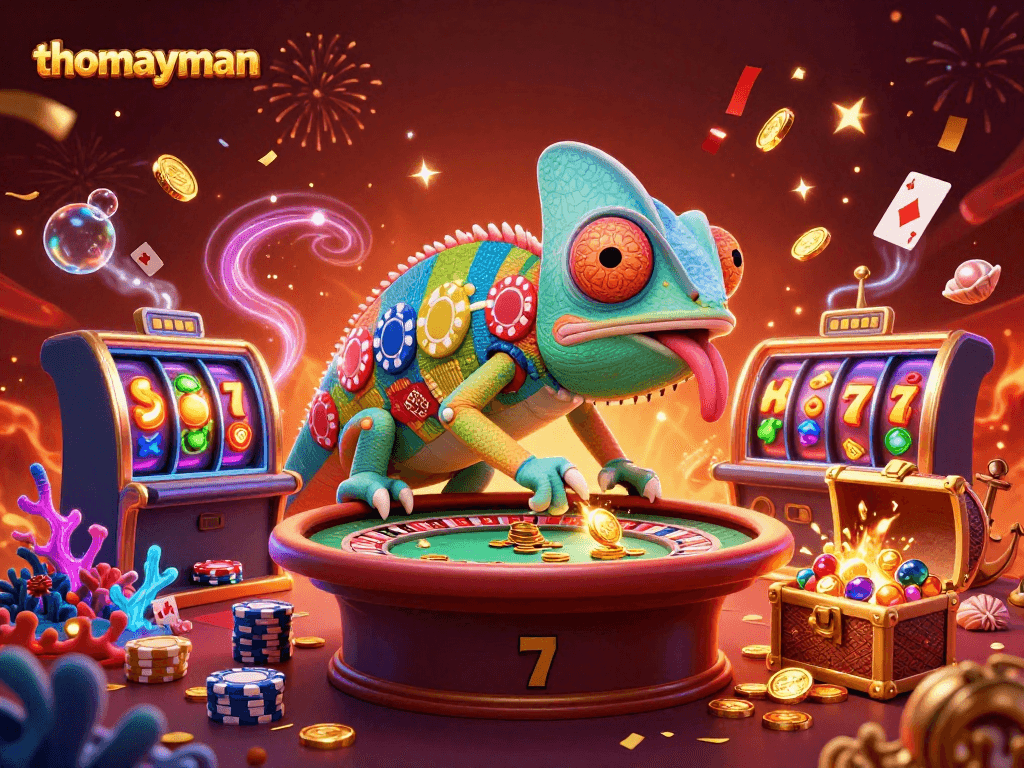 Engage in thrilling action at thomayman with an exhilarating casino scene featuring vibrant slot reels and a dynamic chameleon.