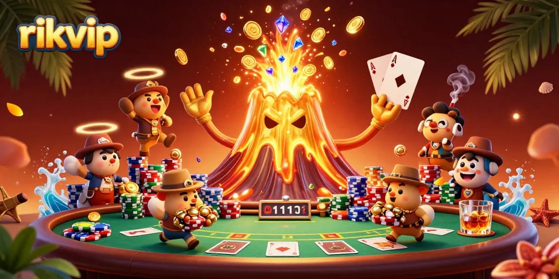 Experience the thrill of rikvip with a triumphant golden volcano eruption and treasure-filled adventure.