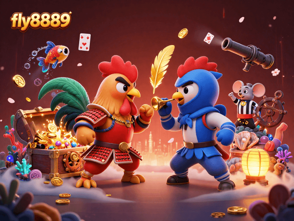 Experience thrilling cockfighting action in fly8889 with twin roosters battling under dramatic lighting.