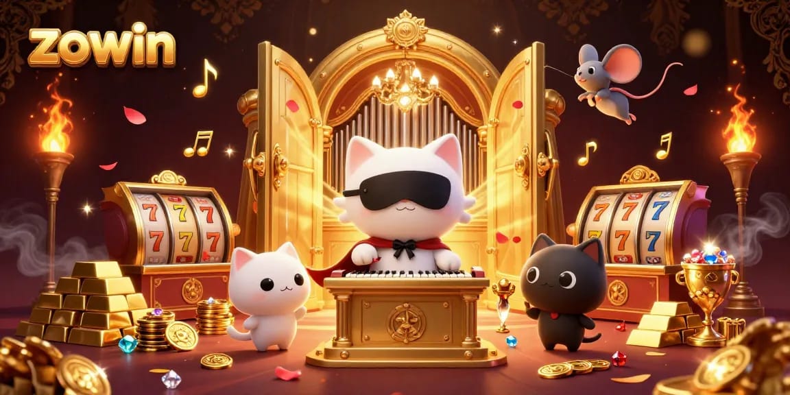 Zowin casino features a whimsical cat at the pipe organ surrounded by slot reels and gleaming treasures.