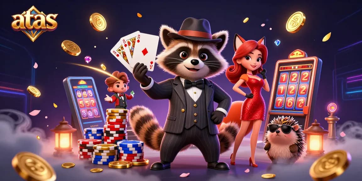Atas casino featuring a victorious raccoon holding a royal flush surrounded by vibrant gaming elements.