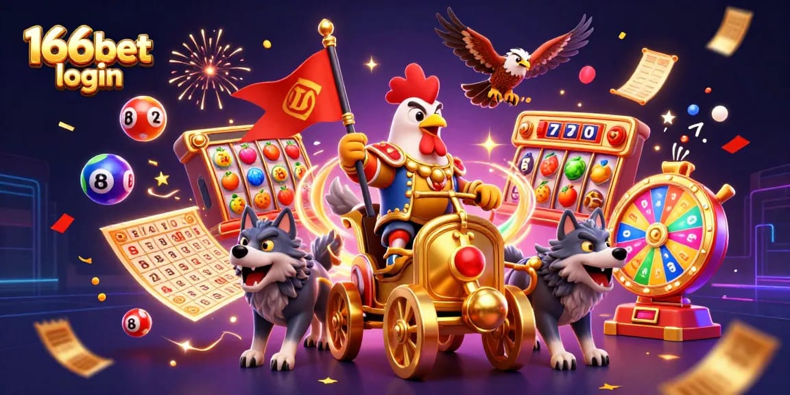 Engage with 166bet login while witnessing a dynamic 3D casino scene filled with colorful slots and festive elements.