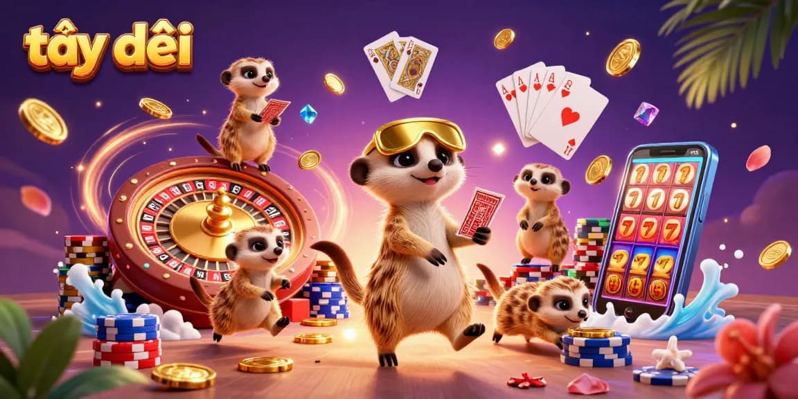 An engaging scene of meerkats managing a casino operation at tại đây, featuring dynamic gaming elements and colorful decorations.
