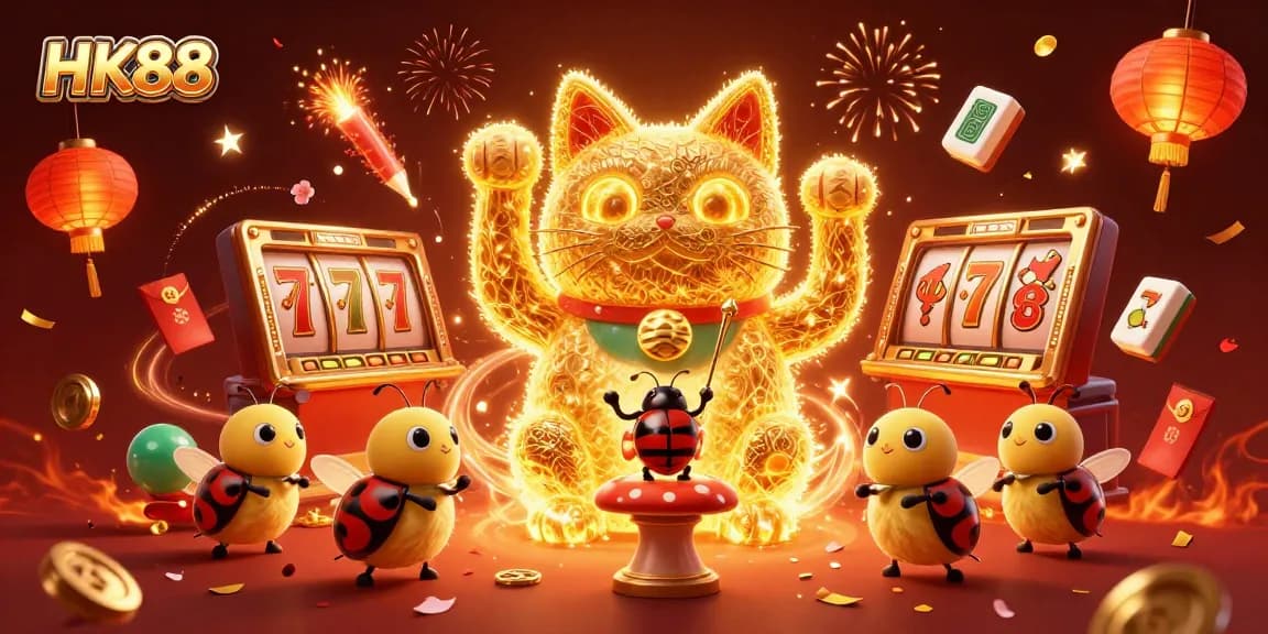 Experience the thrill of HK88 with vibrant visuals of a lucky cat, casino symbols, and festive elements.