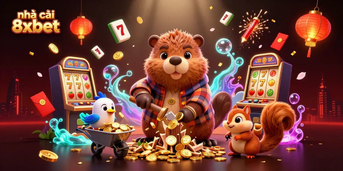 Experience the thrill of gaming at nhà cái 8xbet with vibrant characters and lively casino elements in this dynamic scene.