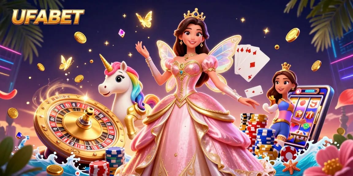 UFABET immersive casino experience with stunning illustration of live betting elements and vibrant graphics.