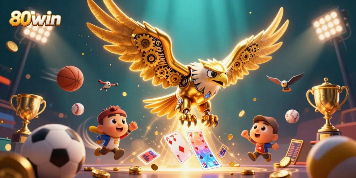 Experience the thrill of 80win with a dynamic illustration of games and sports.