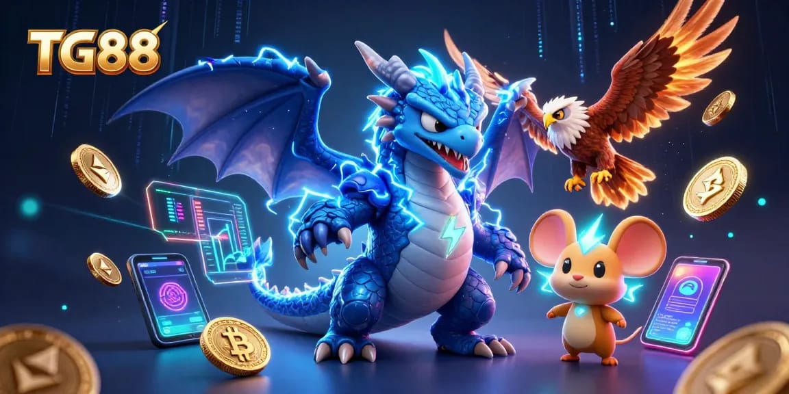 Engage with TG88’s electric gaming experience featuring a thunder dragon, hawk, and crypto elements.