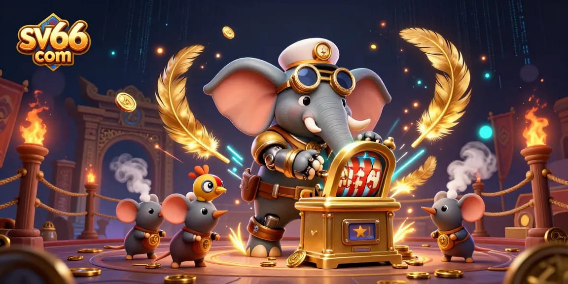 Experience excitement at sv66 com with steampunk characters, a golden slot machine, and vibrant casino elements.