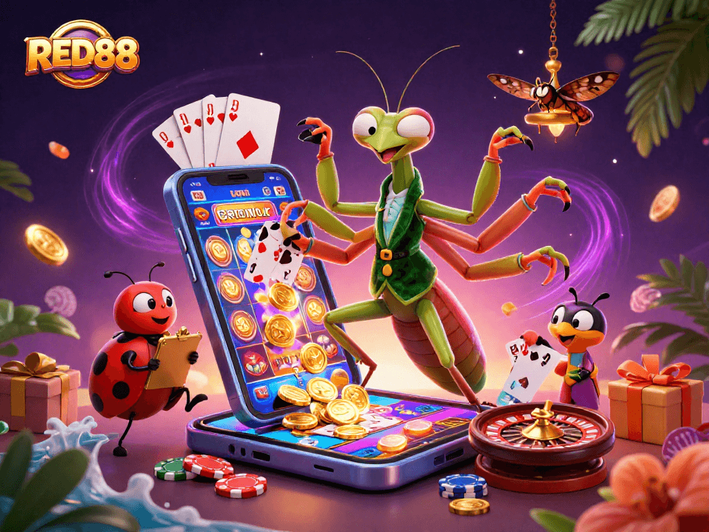 Play exciting games with RED88 featuring a giant mantis dealer and vibrant casino elements.