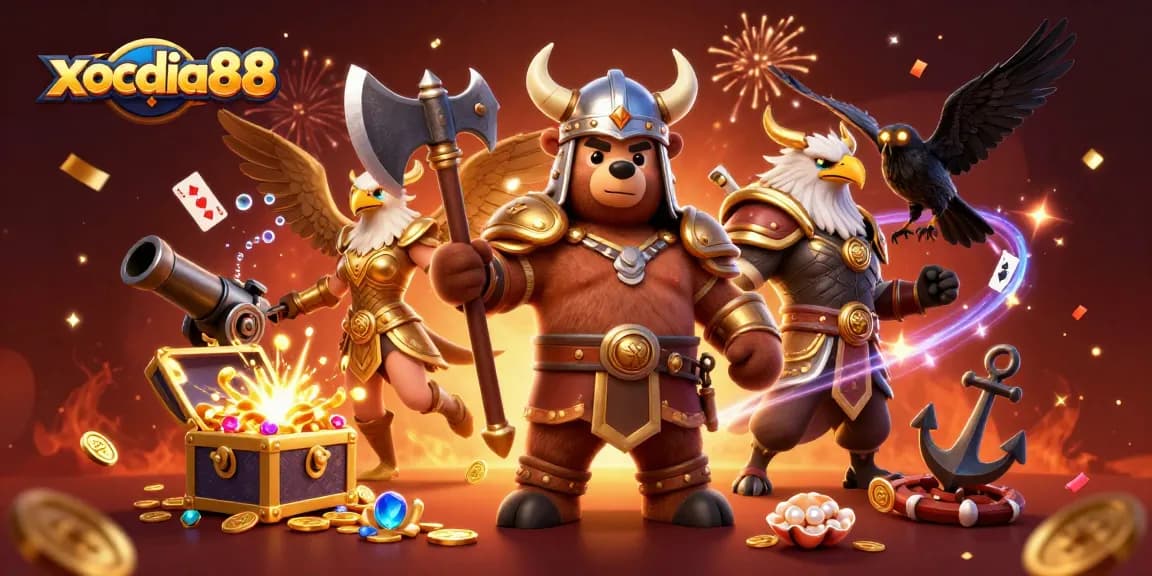 Xocdia88 brings thrilling gaming with Viking characters and treasures in a vibrant casino setting.