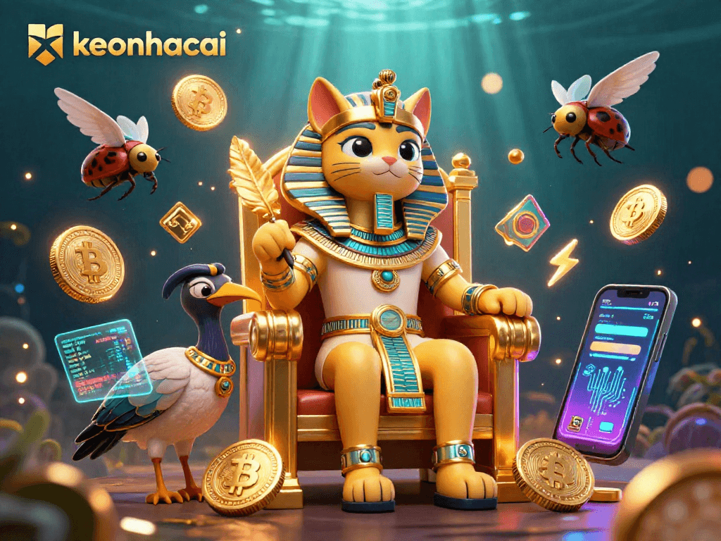 Experience keonhacai action in a vibrant cartoon casino with crypto elements and a regal pharaoh cat.