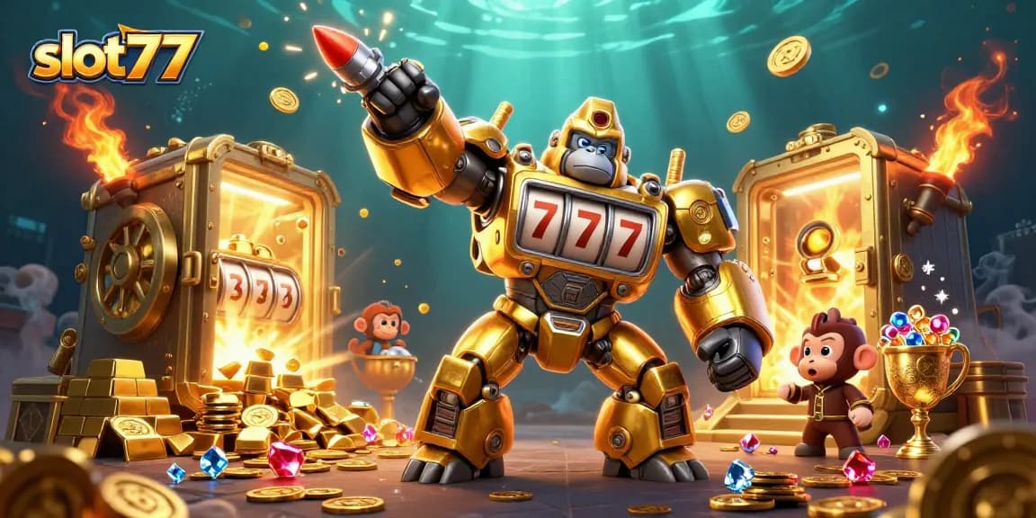 Experience thrilling wins with slot777 in a vibrant 3D casino illustration showcasing golden gorilla mech and treasures.