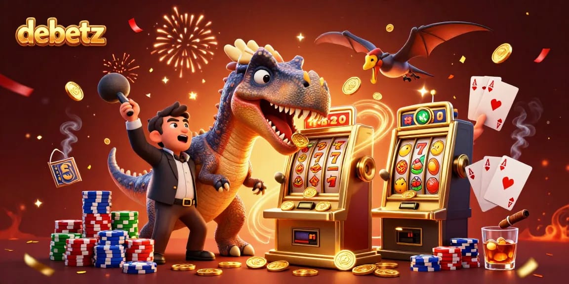 Debetz showcases a dynamic casino scene with a dinosaur theme, winning jackpots and excitement.