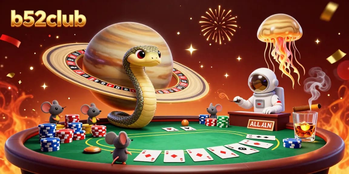 Experience thrilling bets at b52club with a vivid cosmic dealer scene and vibrant casino elements.