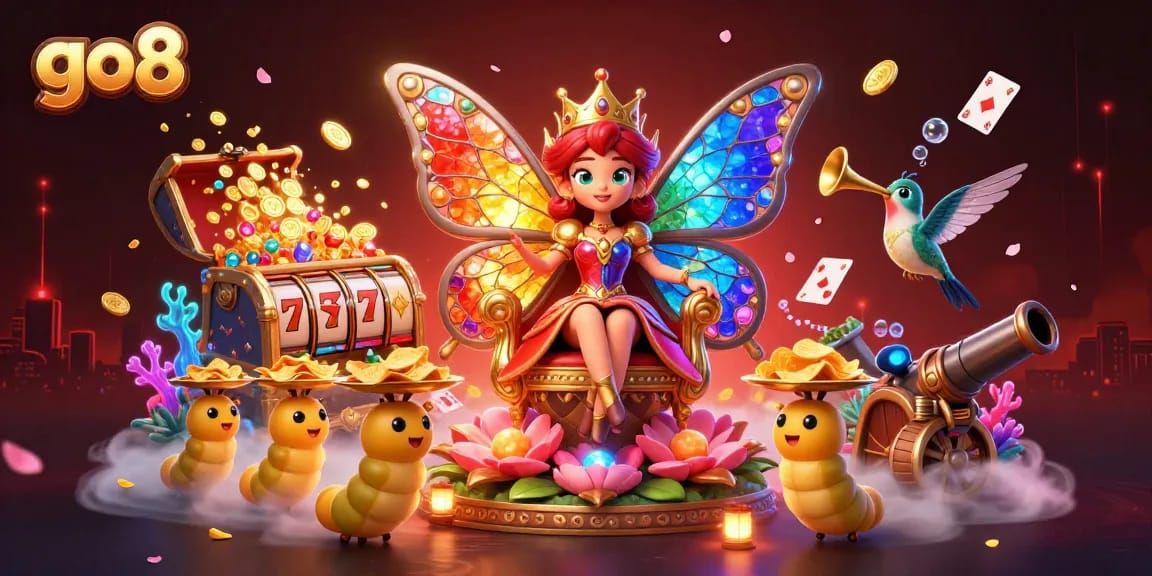 Engage with go8's vibrant gaming universe featuring a butterfly queen, gaming elements, and rich visuals.
