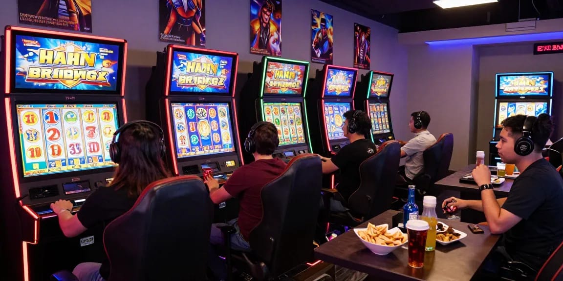 Exciting online slot experience with players at colorful virtual machines.
