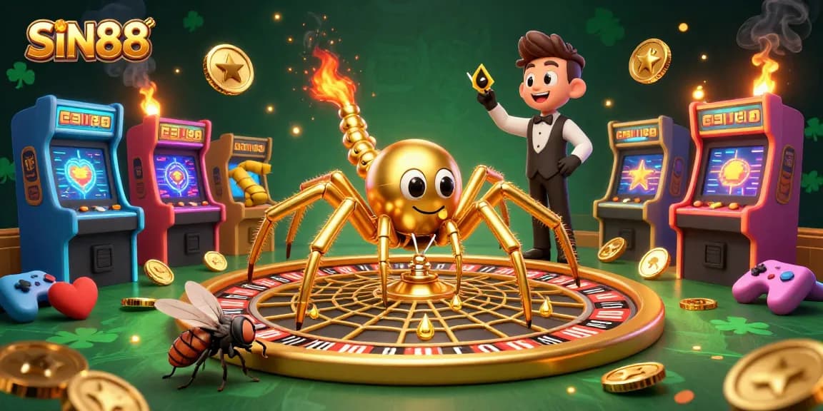 Bet effortlessly at SIN88 while a golden spider spins a roulette web amidst vibrant gaming elements.