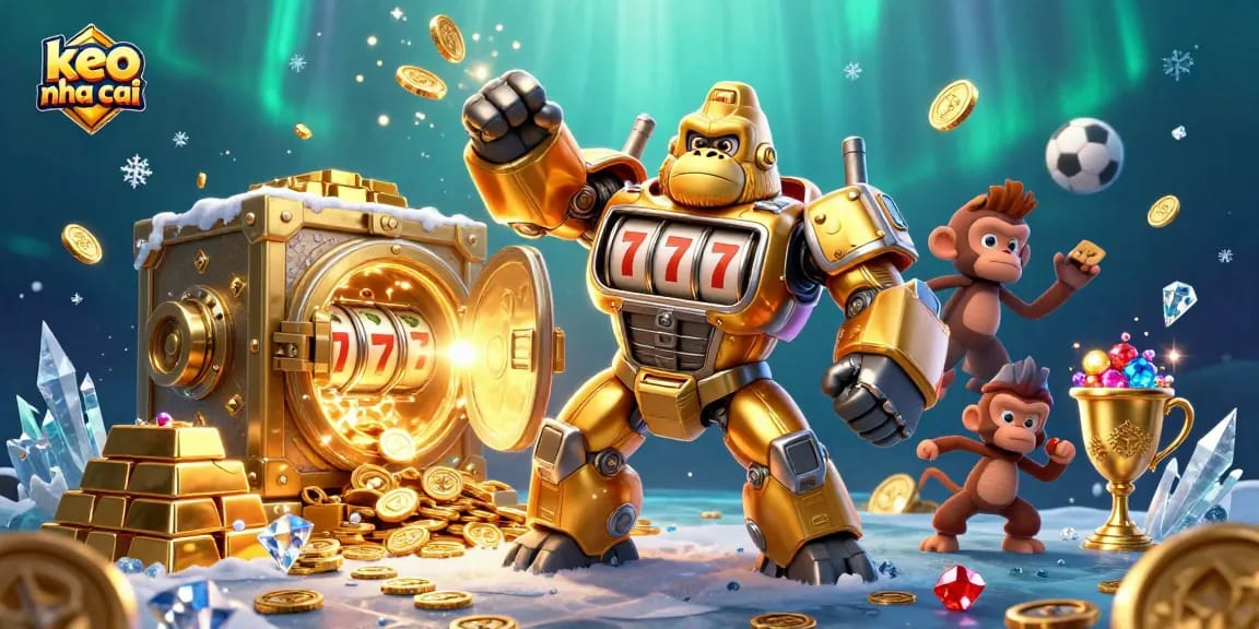 Engaging casino illustration depicting keo nha cai action with a golden gorilla mech and vibrant sports betting elements.